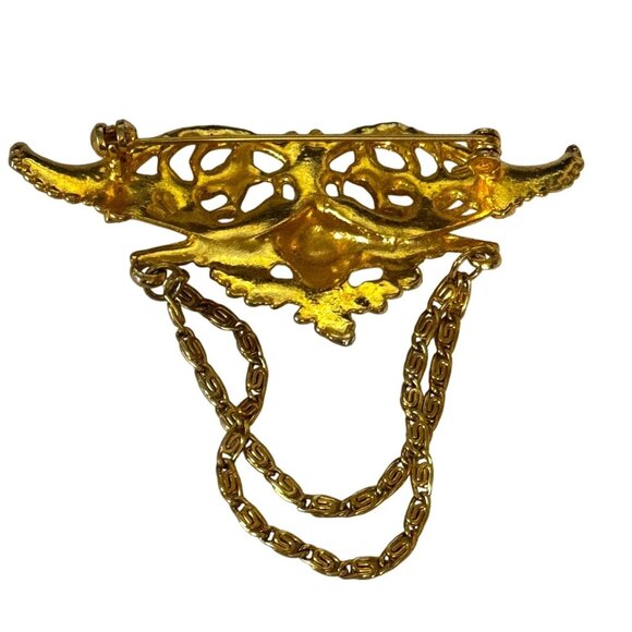 Vintage Angel Cherub Wings Brooch Gold-Tone Double Chains 3" x 3" - Picture 5 of 8